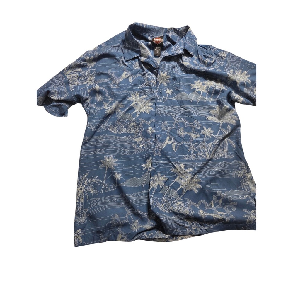 Harley Davidson Hawaiian Shirt Mens L Blue Viscose Made in Hawaii Motorcycle